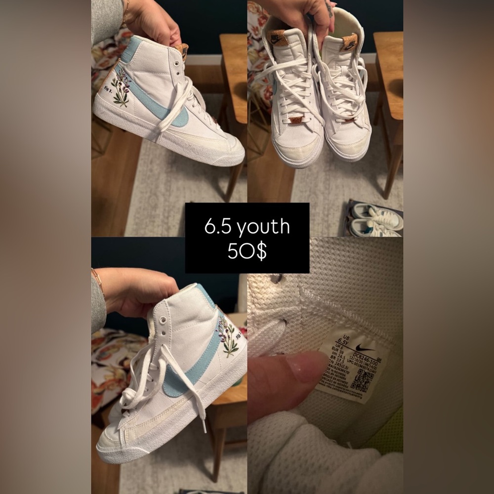 Nike White High-Top Sneakers with Light Blue Swoosh and Floral Accent